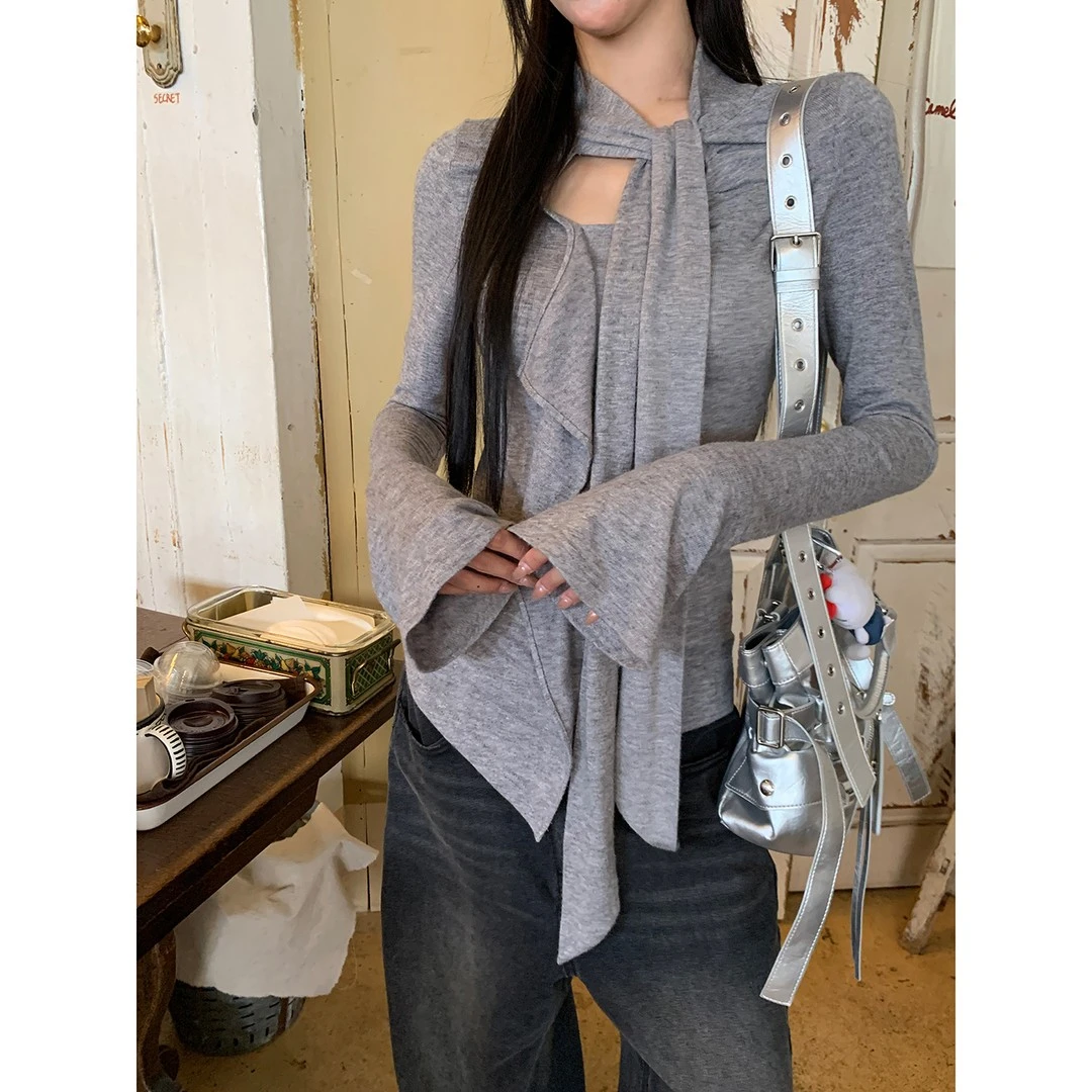 【富士山】2025年秋季荷叶边飘带显瘦修身圆领不规则设计感长袖T恤