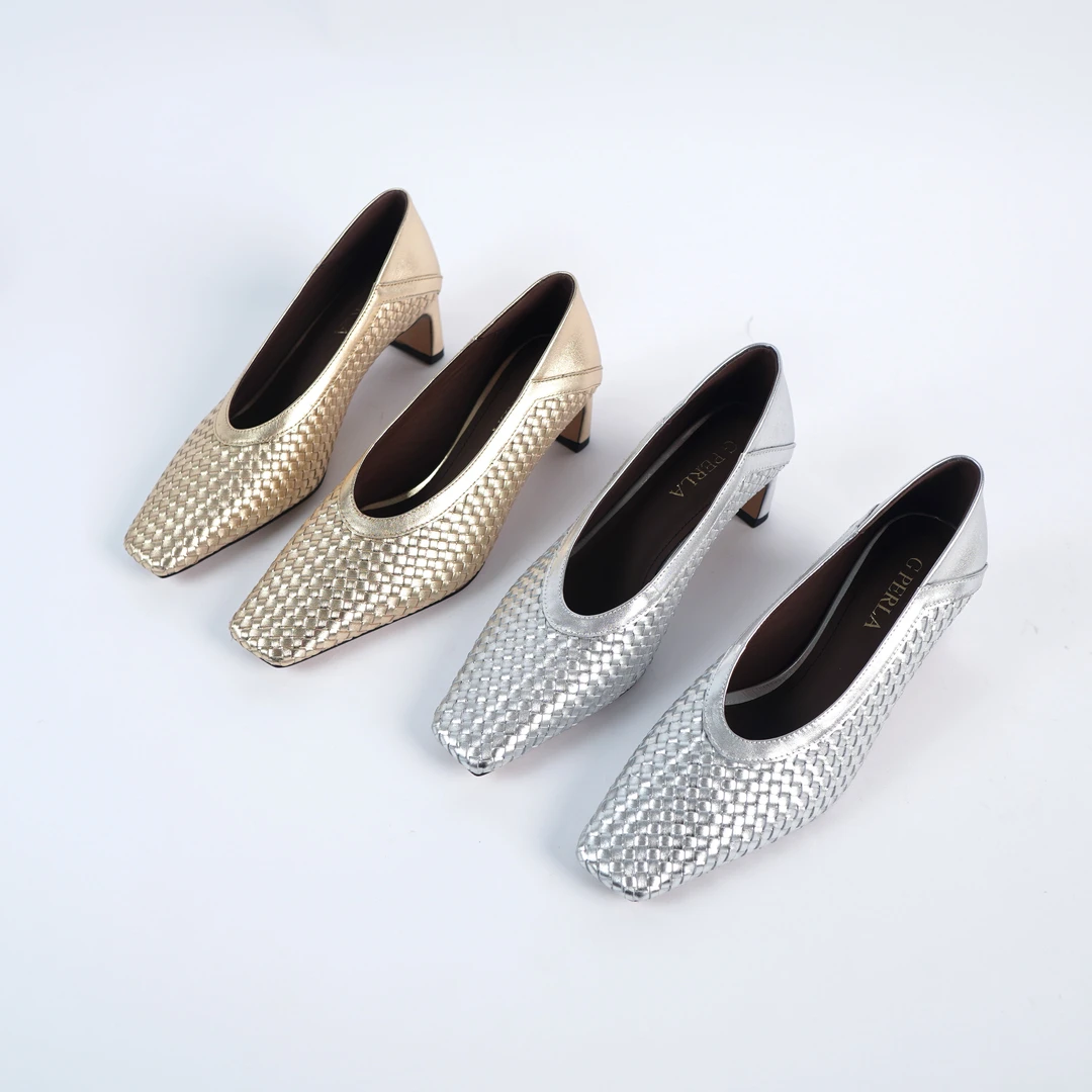 2025新款上新方头编织时尚通用方根高跟鞋欧美风手工编织鞋