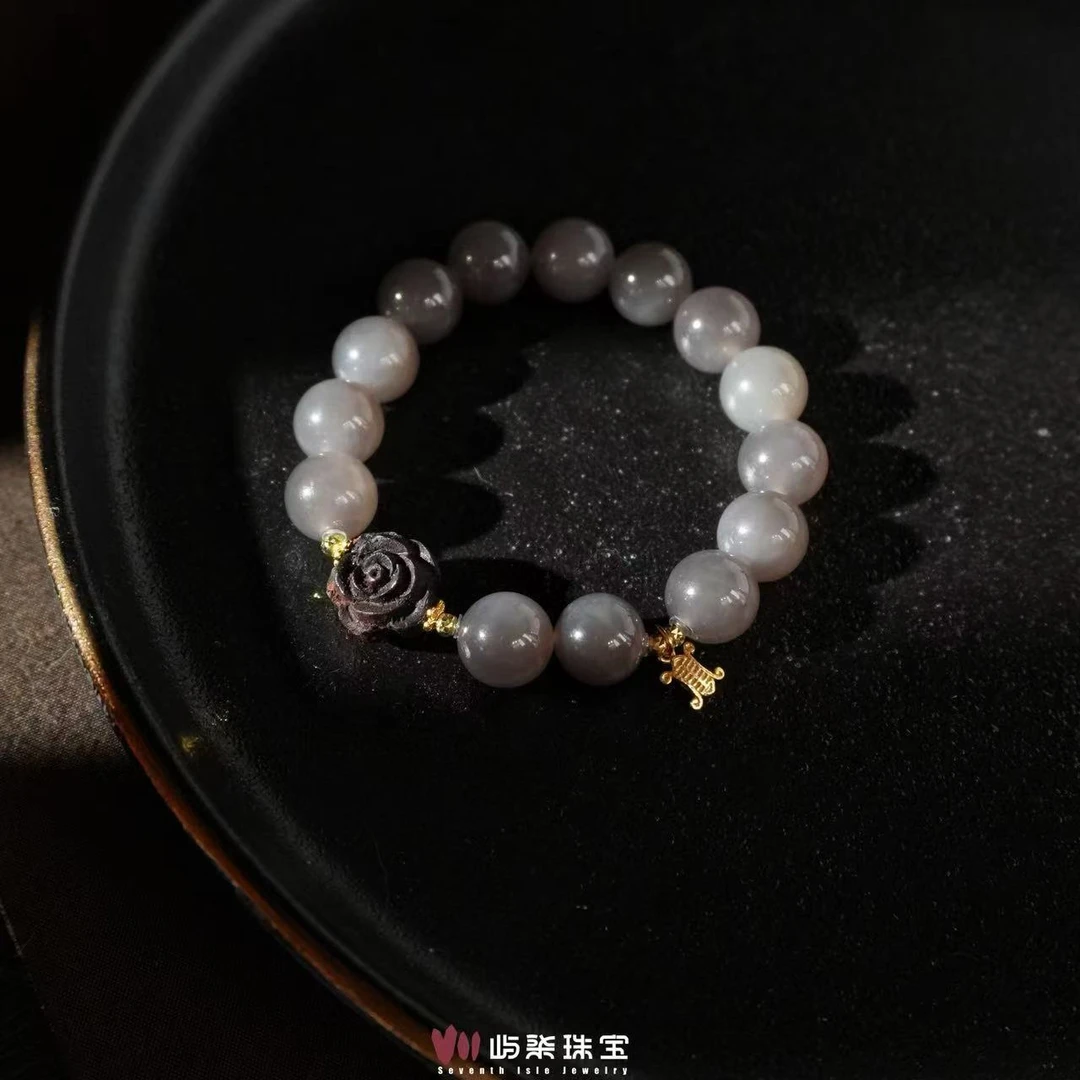 F196 和田玉银925镶嵌 和田玉圆珠珠黑玫瑰手串10mm 防跑