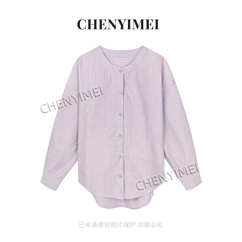 CYM1993早秋新款欧货时尚竖条纹蝙蝠袖衬衫女春秋宽松衬衣上衣
