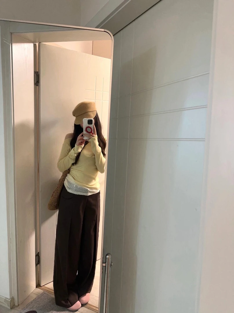 秋季新款纯欲慵懒风女装韩系不规则蕾丝假两件斜肩上衣高腰阔腿裤