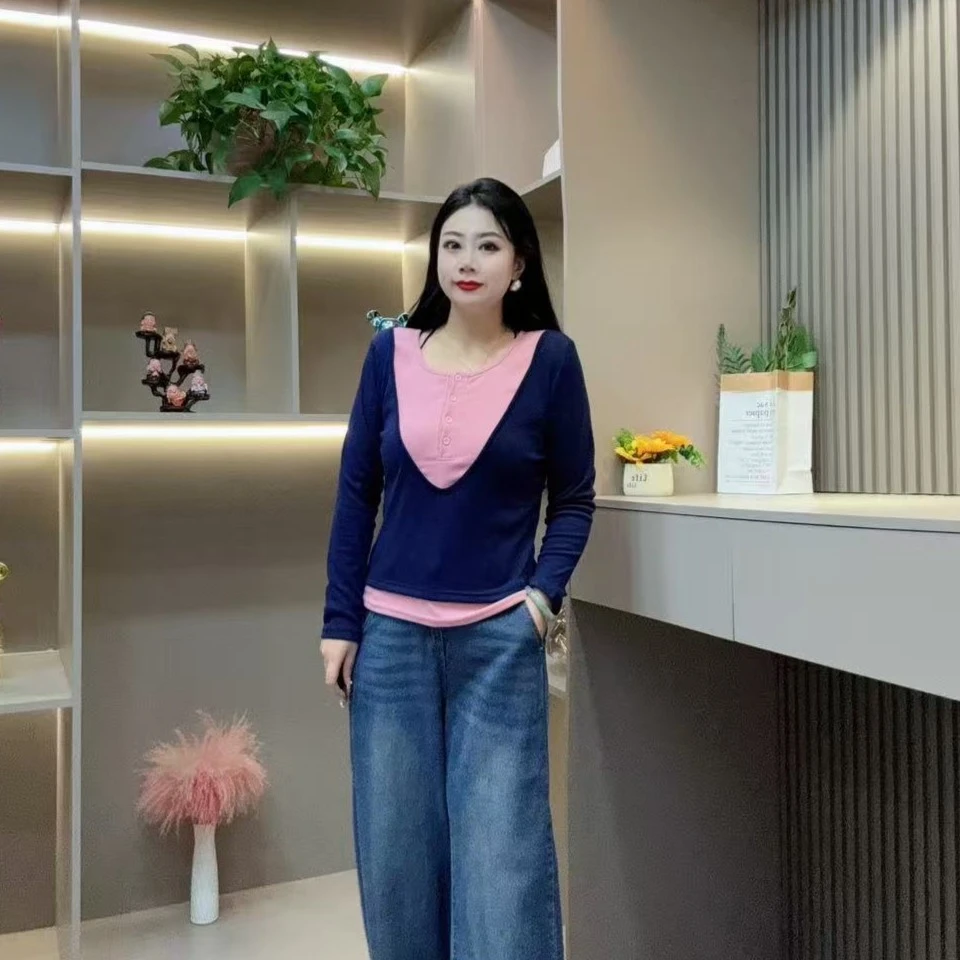 冬季小衫-甜 5144时尚潮流拼色休闲假两件设计胖MM大码女装新款