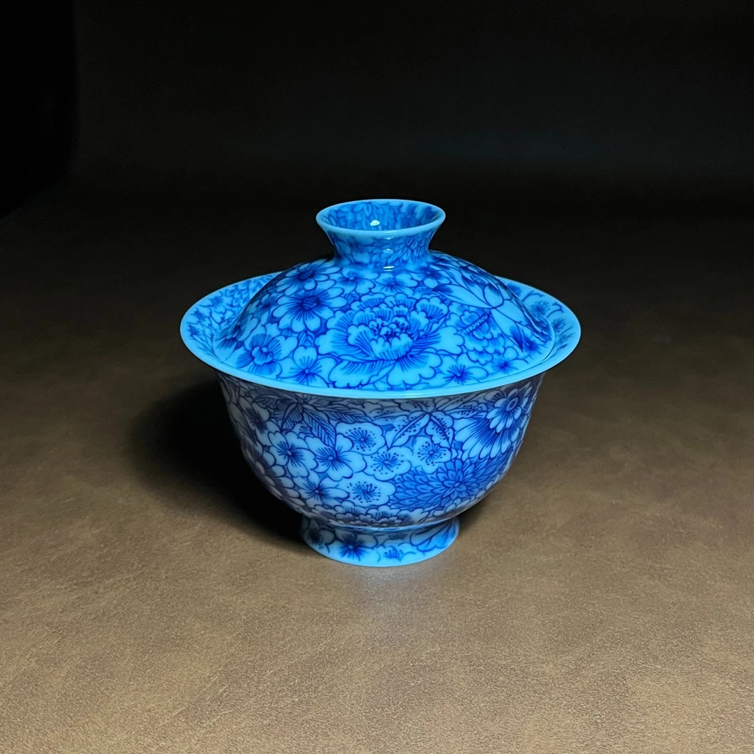 拾月出品-万花套组手工复古陶瓷主人杯手绘茶盖碗盖碗茶蓝釉蓝色