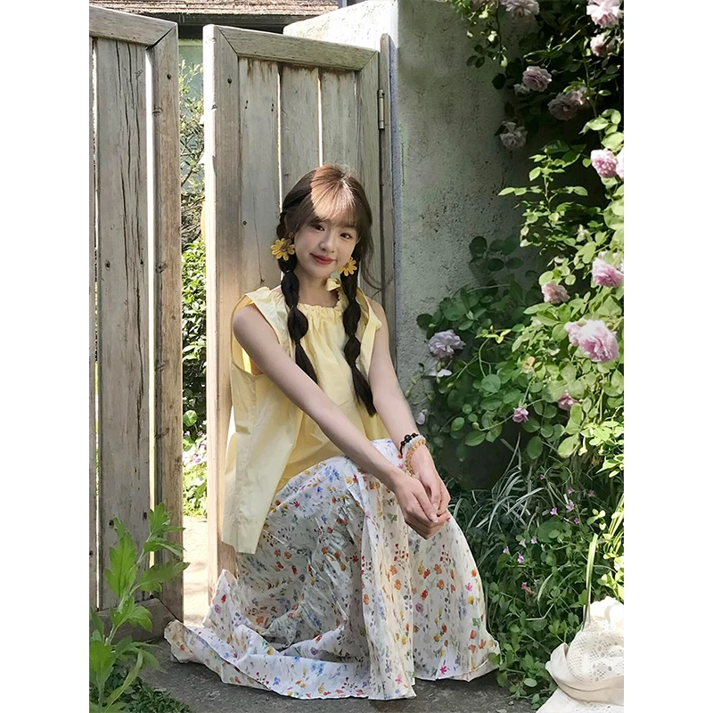 韩系甜美度假风无袖背心衬衫绑带上衣女夏日碎花半身裙伞裙两件套