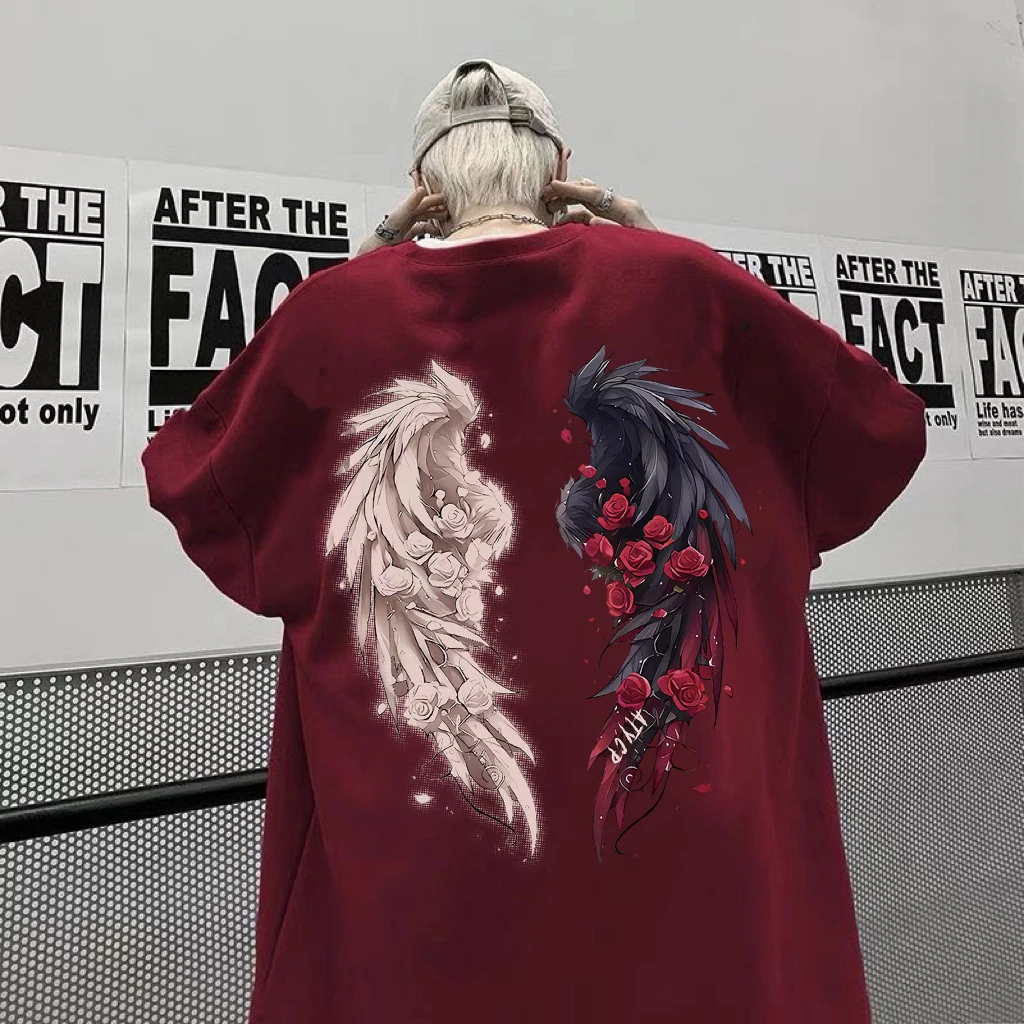 100%纯棉重磅美式国潮玫瑰翅膀印花短袖T恤2025夏季男女同款上衣