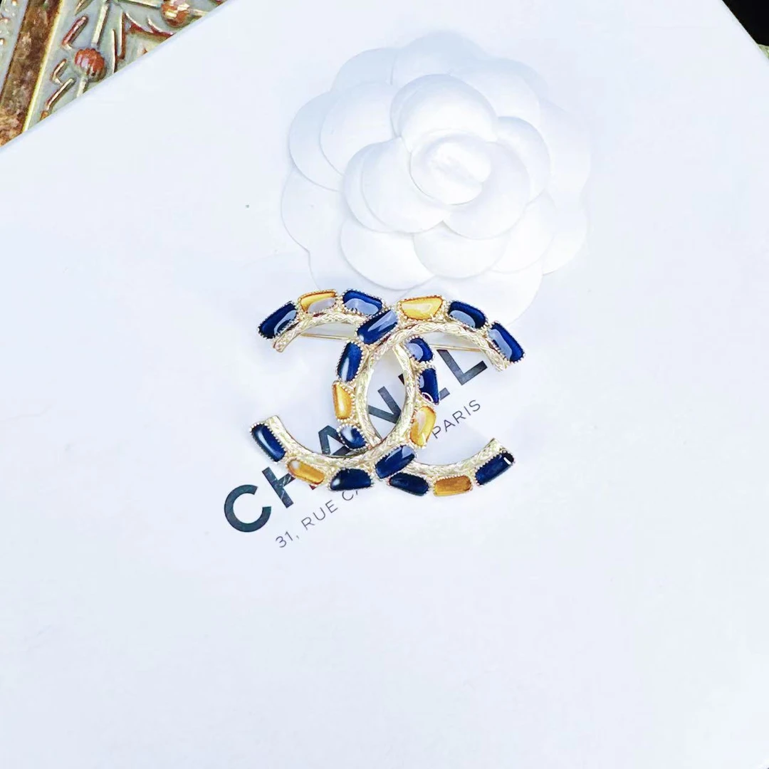 95新 Chanel/香奈儿 柚礼中古/香奈儿蓝黄色双c胸针xp