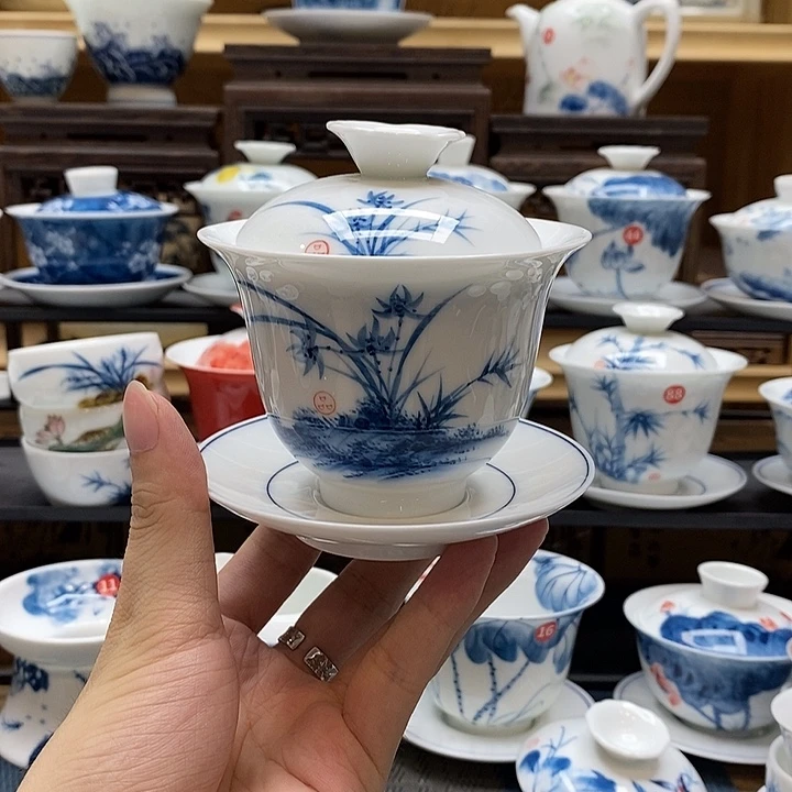 手绘兰花160盖碗高温瓷釉下彩微瑕福利款