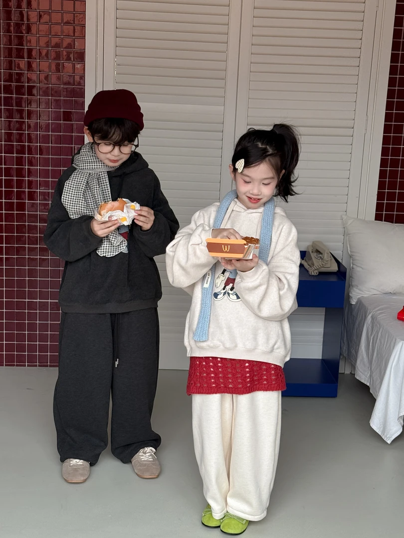 童套装2025秋冬韩版男女童卡通印花老鼠卫衣休闲连帽套装