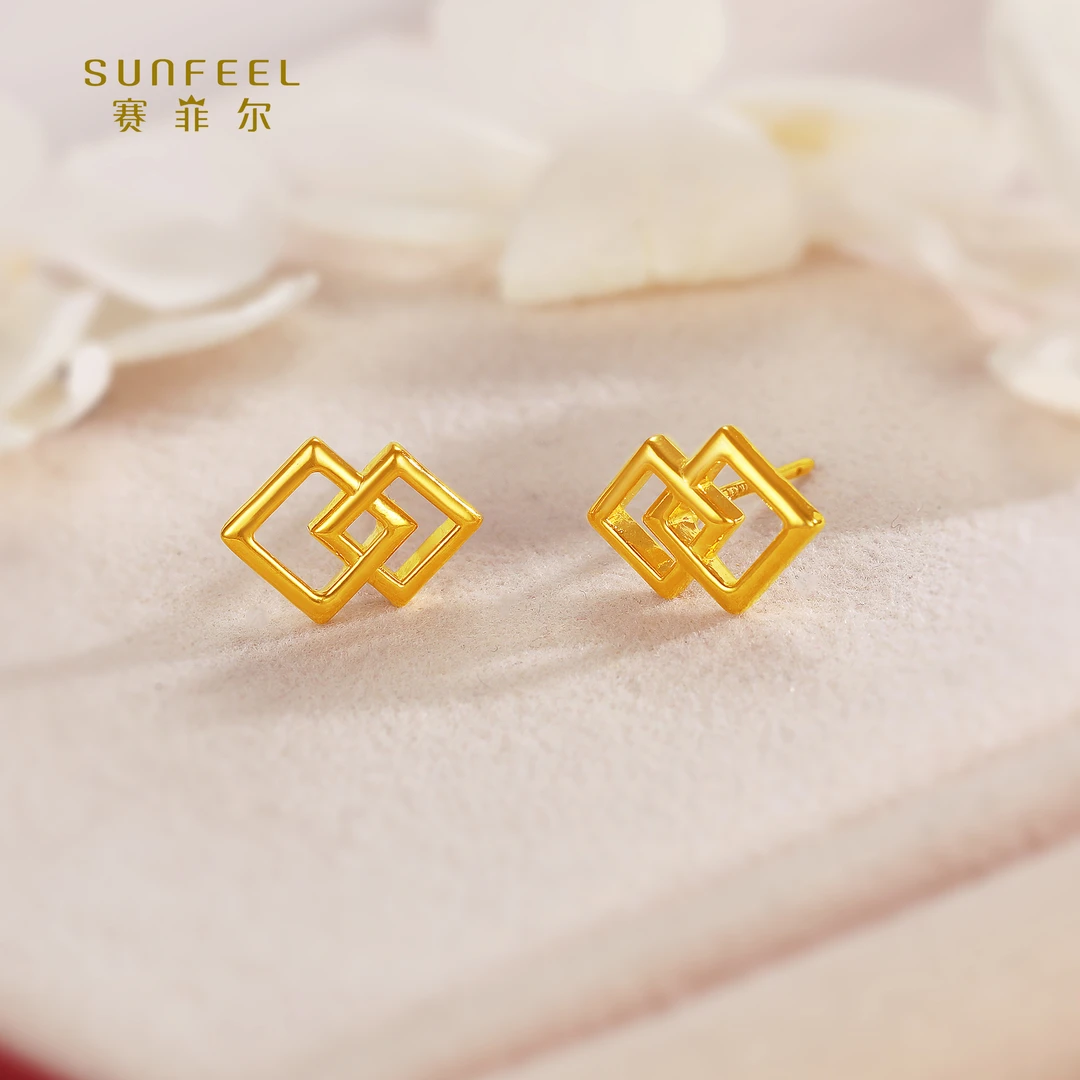 SUNFEEL/赛菲尔【十六店】足金5D时尚交织菱形直针耳钉 5DE00017