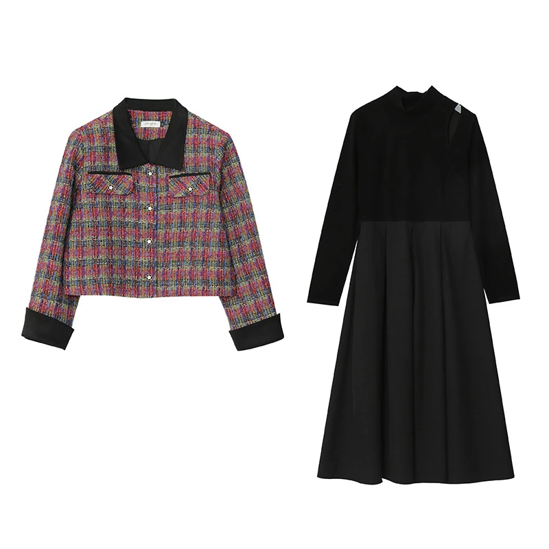 7849新品加肥胖mm设计感小香套装格子外套纯色小心机连衣裙女