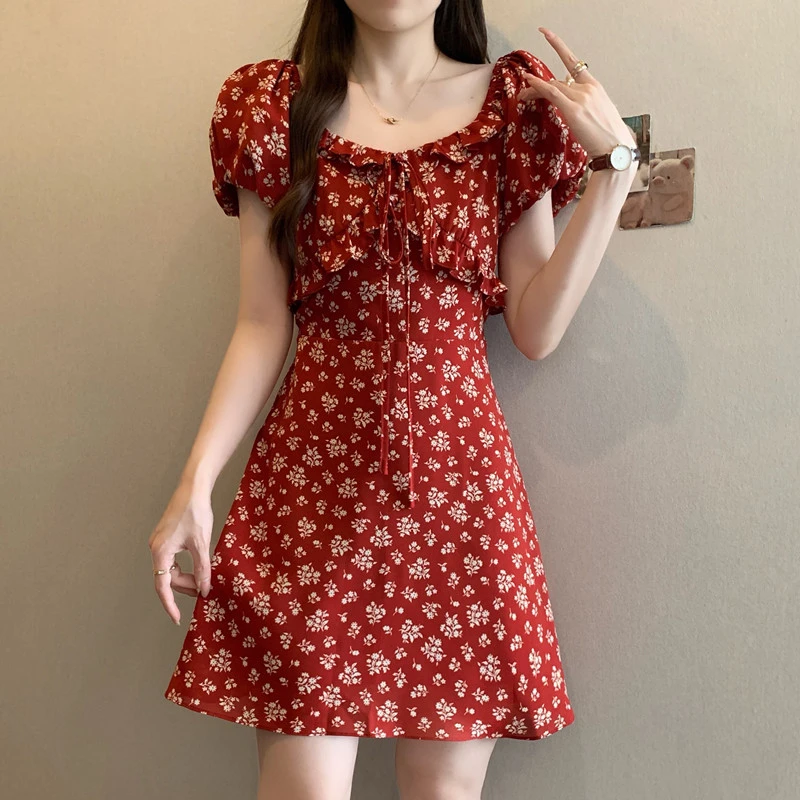 大码法式茶歇复古碎花收腰连衣裙夏季微胖设计感一字肩红色裙8291