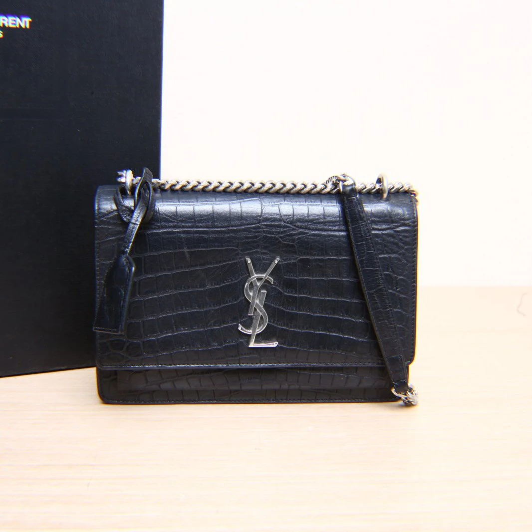 95新 YSL/圣罗兰 小花攀攀日落包中号 22 鳄鱼压纹黑色