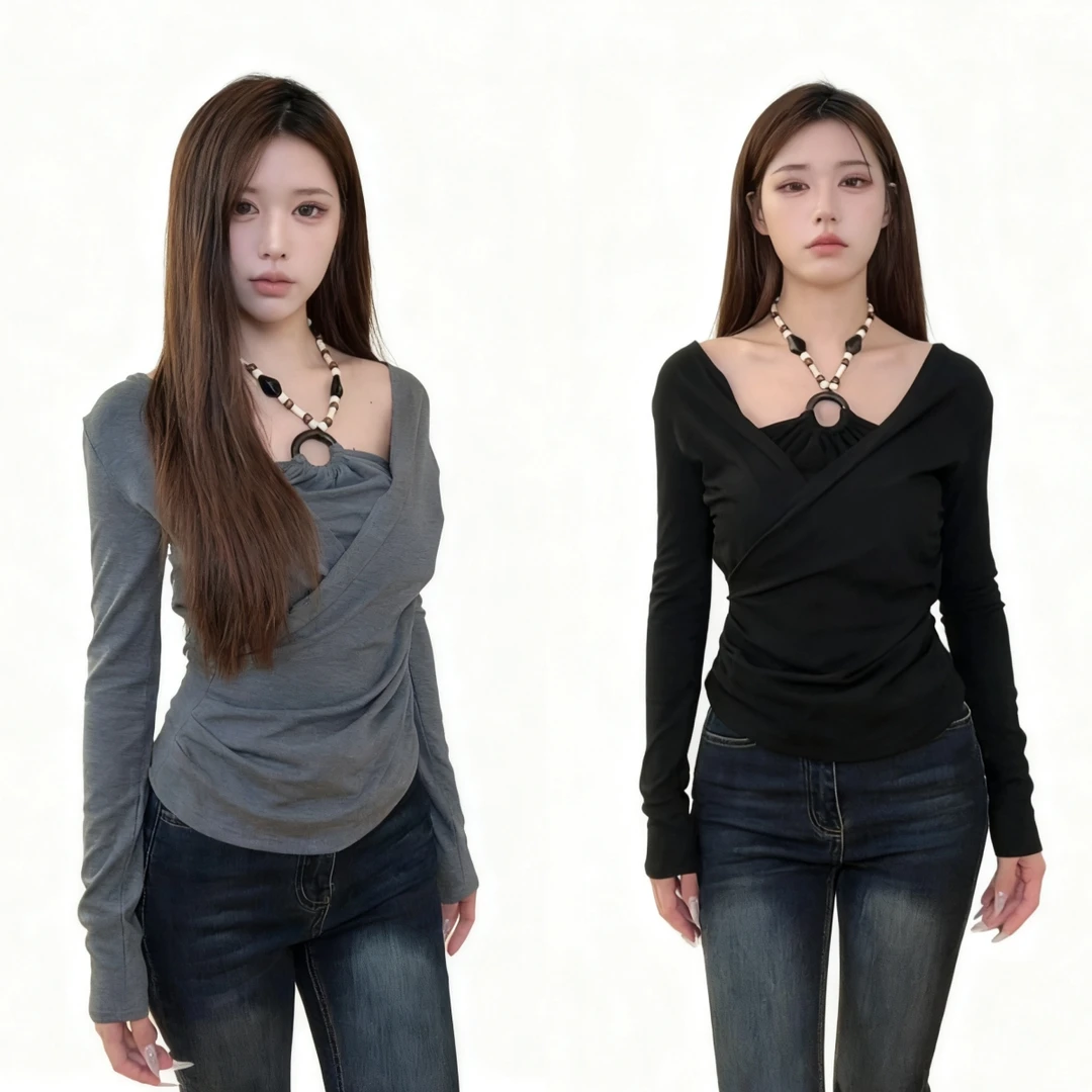 2025秋冬季法式v领辣妹假两件珍珠挂脖t恤长袖收腰修身显瘦女上衣