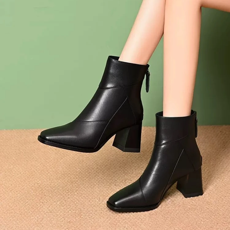 【有运费险】秋冬季小短靴女粗跟中跟单靴方头踝靴高跟女鞋秋冬鞋