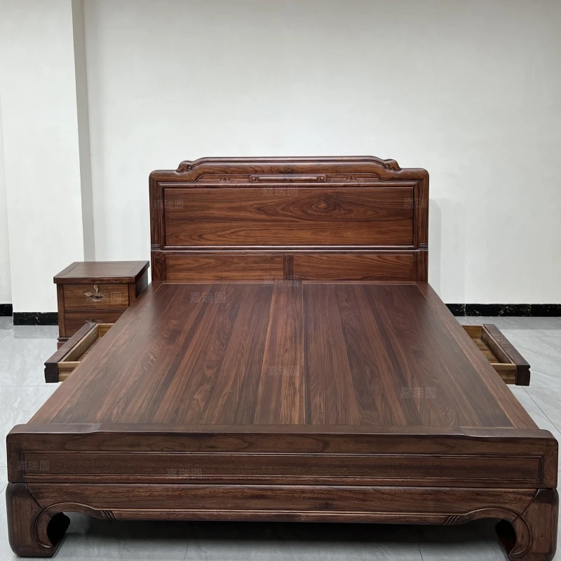 乌金木实木大床1.8主卧床婚床老虎脚大款床中式古典抽屉床双人床