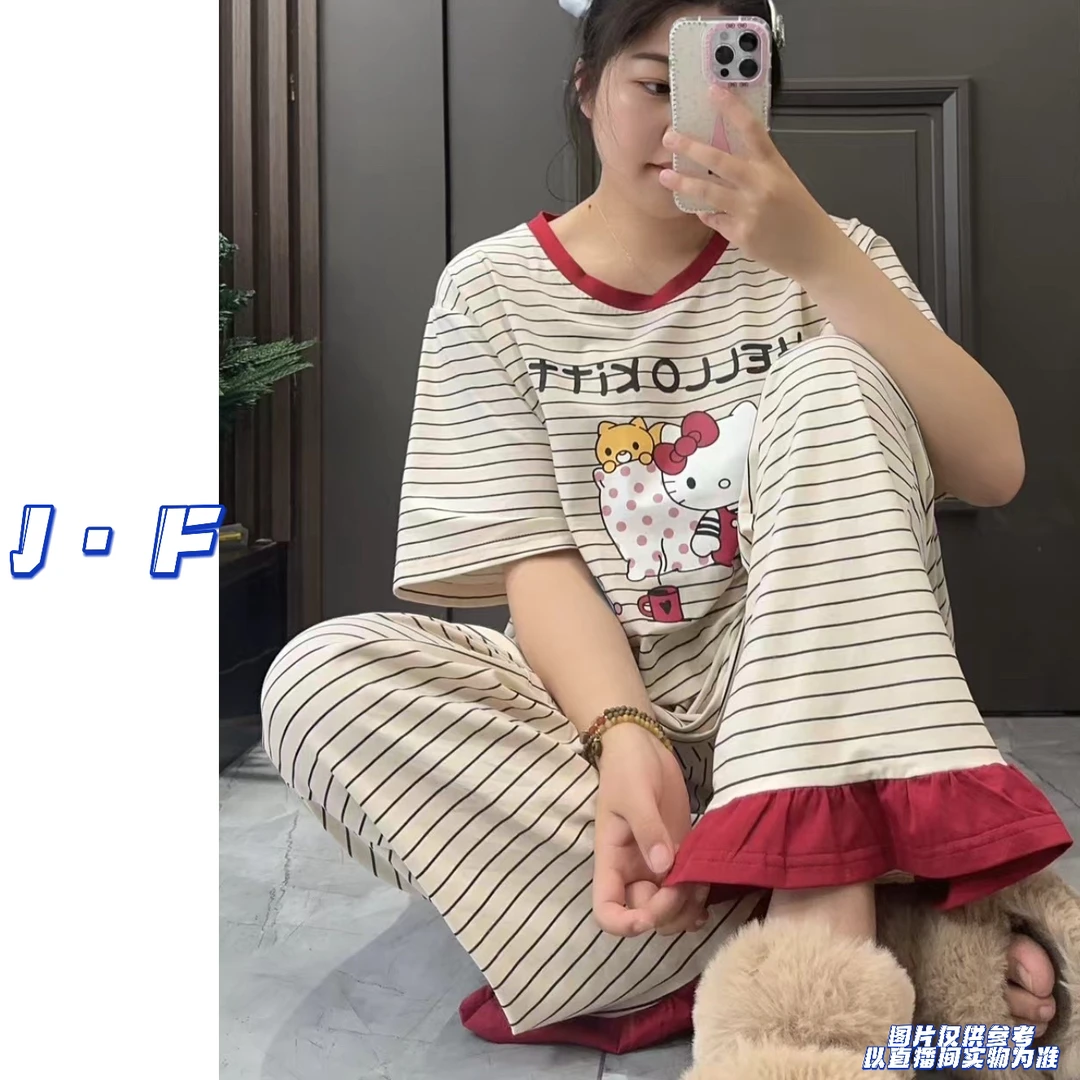 JF定制大码25248韩版卡通KT猫撞色圆领条纹宽松花边家居服套装
