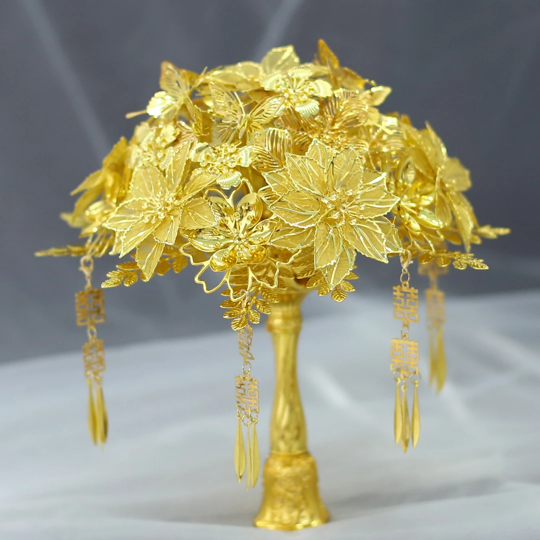 高定新品古风中式新娘结婚秀禾礼服成品DIY手工金色山茶花手捧花