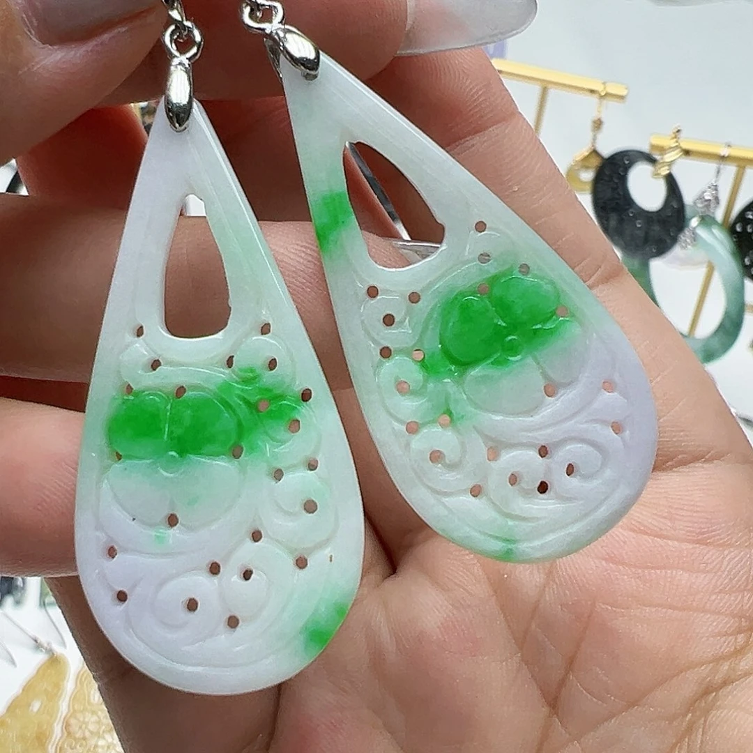 翡翠银S925镶嵌耳饰天然缅甸A货翡翠