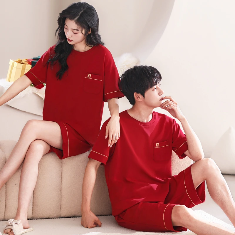 结婚新婚情侣睡衣夏纯棉短袖本命年红色夏季大码男女士家居服套装