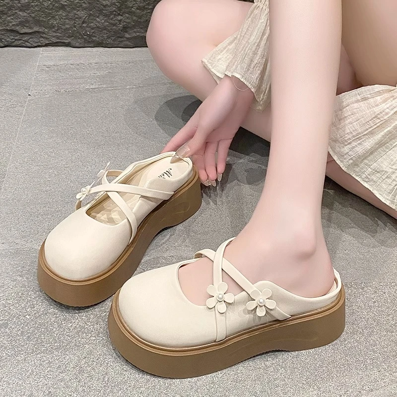 厚底增高一脚蹬超火包头半拖鞋女春夏季外穿配裙子2025新款凉拖鞋