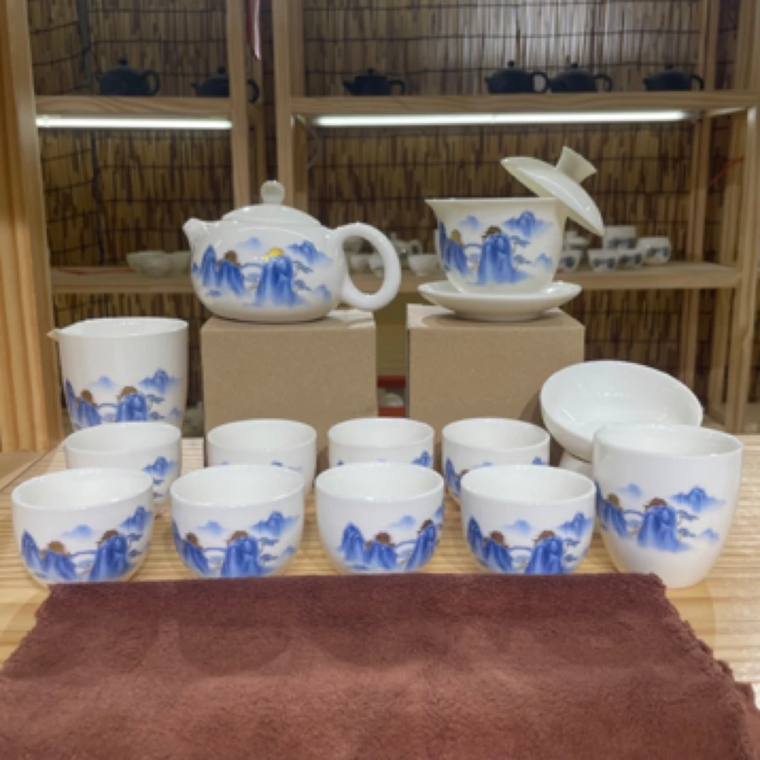 清峰羊脂玉瓷15件套家用送礼简约中式盖碗茶壶六君子茶巾8客杯