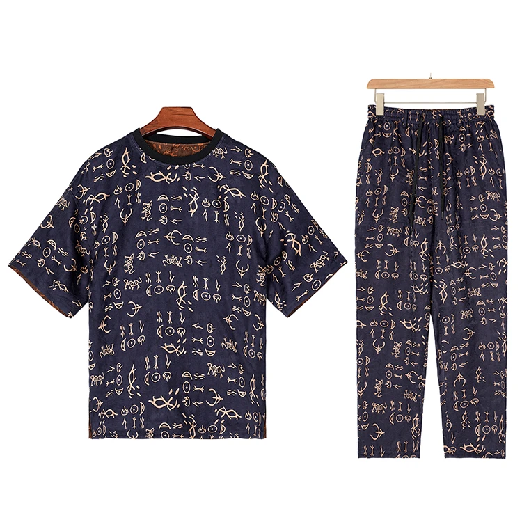 99249+99270 男士组合套装桑蚕丝透孔罗红云纱短袖T恤+休闲长裤