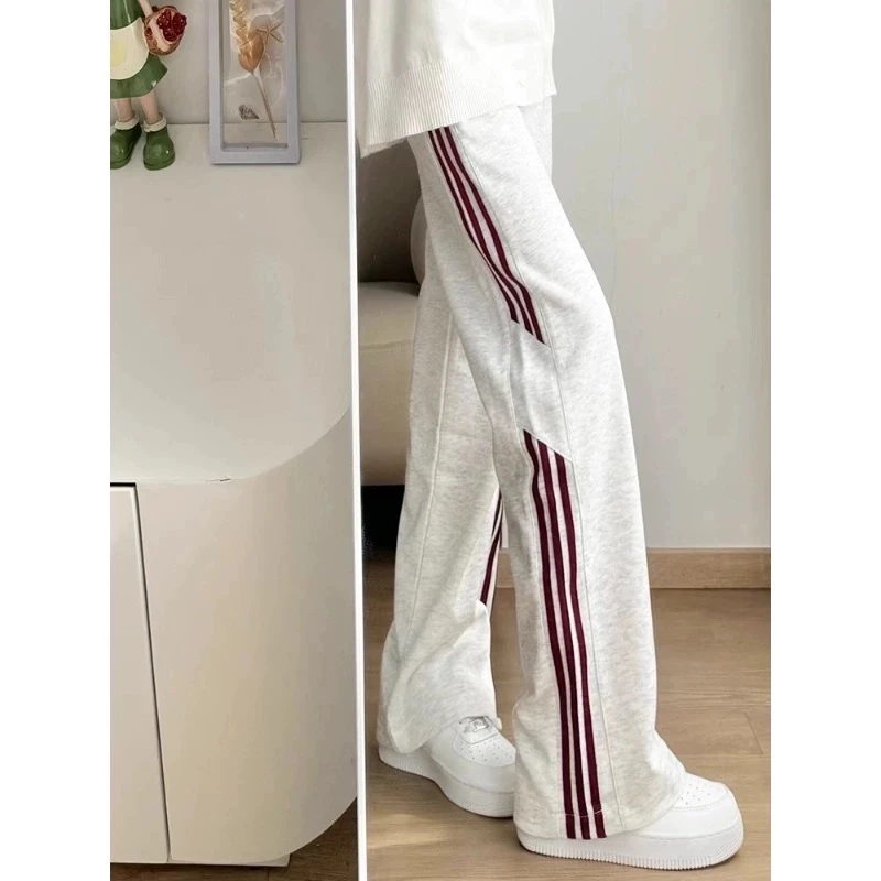 美式撞色条纹直筒灰色卫裤男款春秋休闲百搭潮牌宽松阔腿休闲裤子