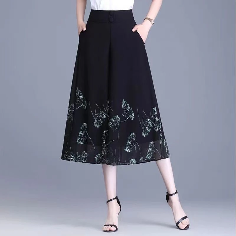 夏季雪纺印花高腰显瘦宽松七分阔腿裙裤女款