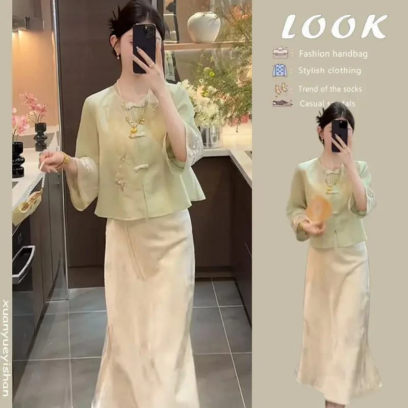 夏季超好看时尚新中式穿搭2025小清新国风上衣显瘦半身裙两件套女