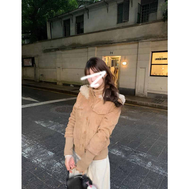 修身鹿皮连帽毛领短外套夹克保暖上衣女冬韩版气质小众复古温柔风
