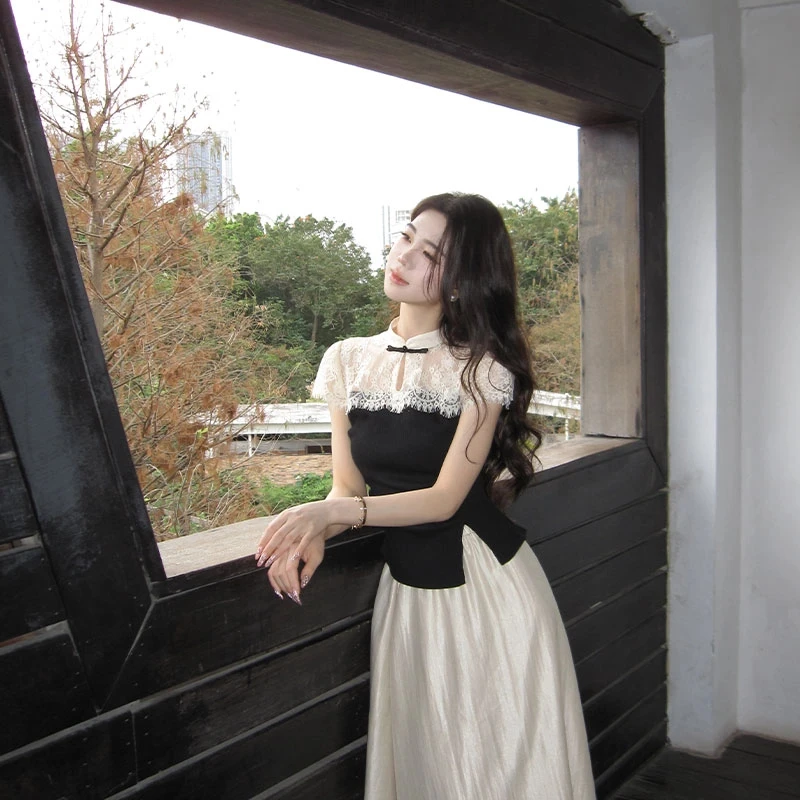 新中式蕾丝气质上衣女夏季新款高级感时尚气质古风小高领短款上衣