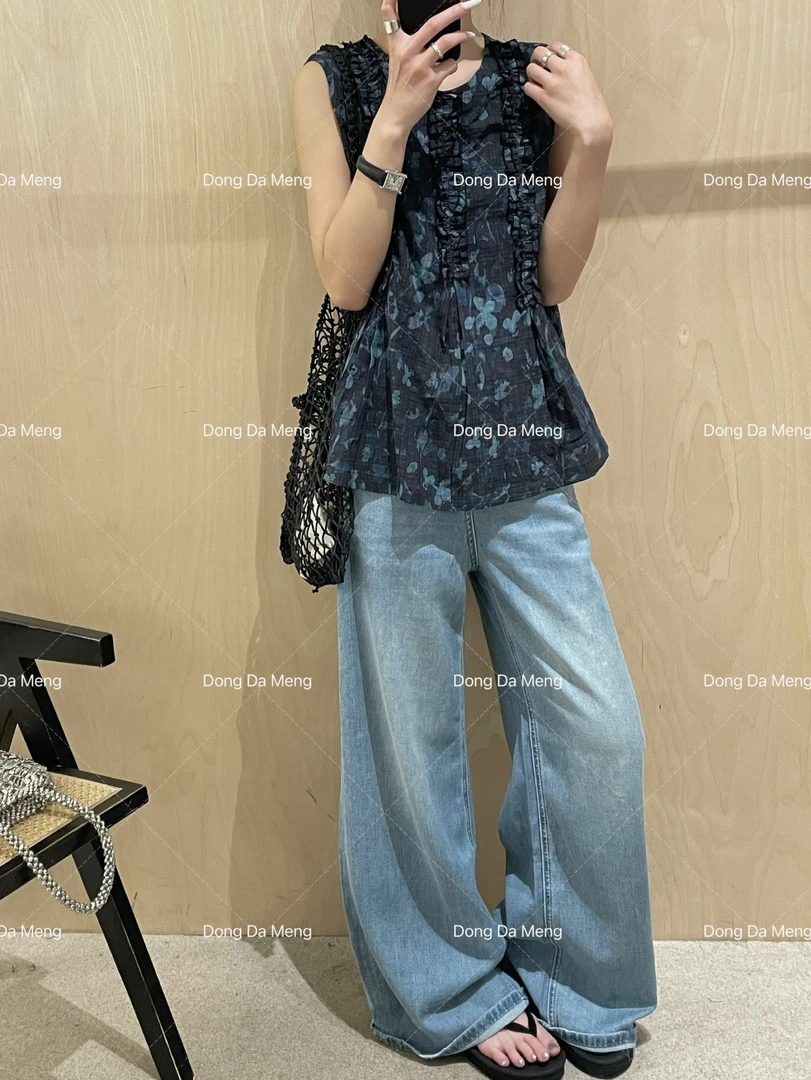 1380无袖印花复古百搭木耳边碎花宽松无袖背心衬衫上衣