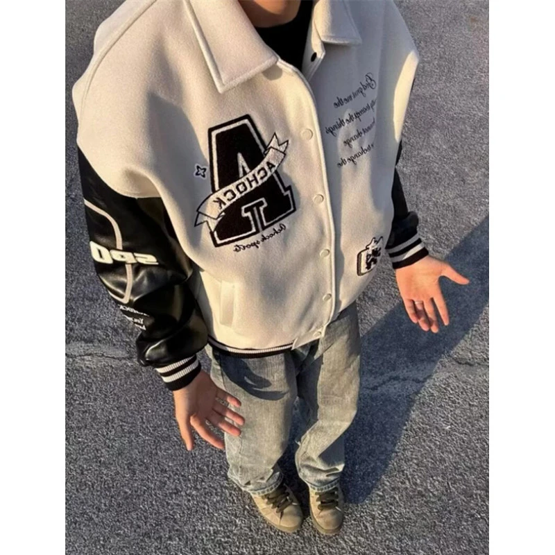 美式高街男女翻领刺绣棒球服外套春秋季新款复古情侣立领夹克潮