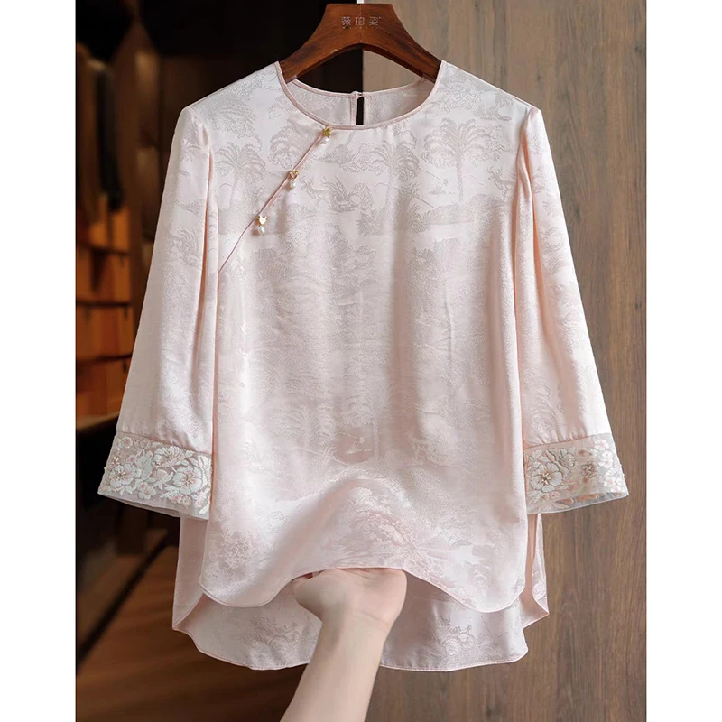 新中式国风七分袖提花衬衫女士夏季2025新款夏装衬衣女气质上衣夏