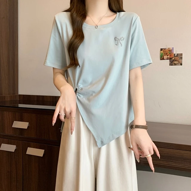 不规则开叉短袖T恤女爆款夏季大码胖mm显小众女装轻奢高级小众女