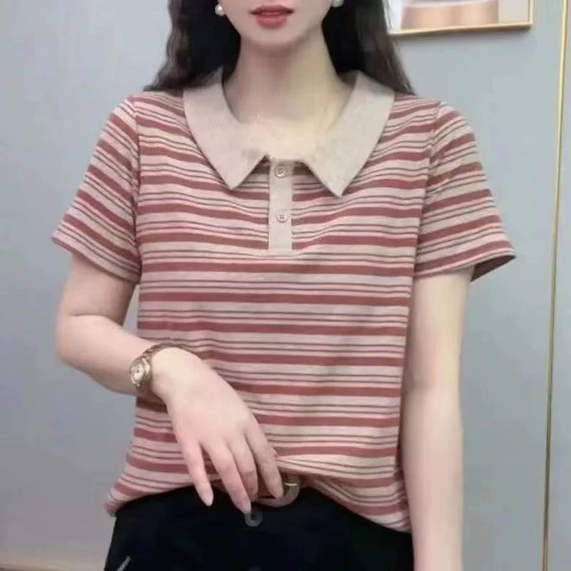 气质女装新款翻领短袖条纹T恤小衫0001