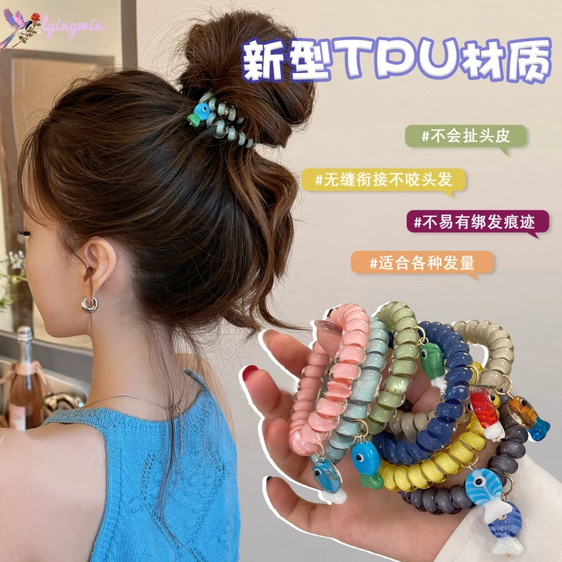 夏天电话线不伤发圈韩系彩色小鱼高弹力耐用马尾丸子头绳皮筋发绳