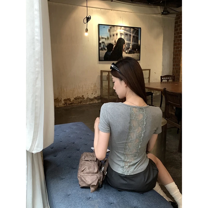 【璀璨之恋T恤】春夏修身蕾丝设计温柔露肤灰色系T恤251X0805