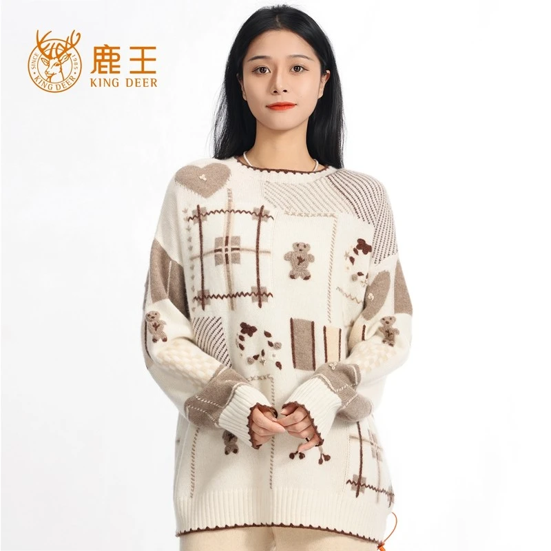 King Deer/鹿王24秋冬新款女圆领100山羊绒绣花套衫 加厚20256019
