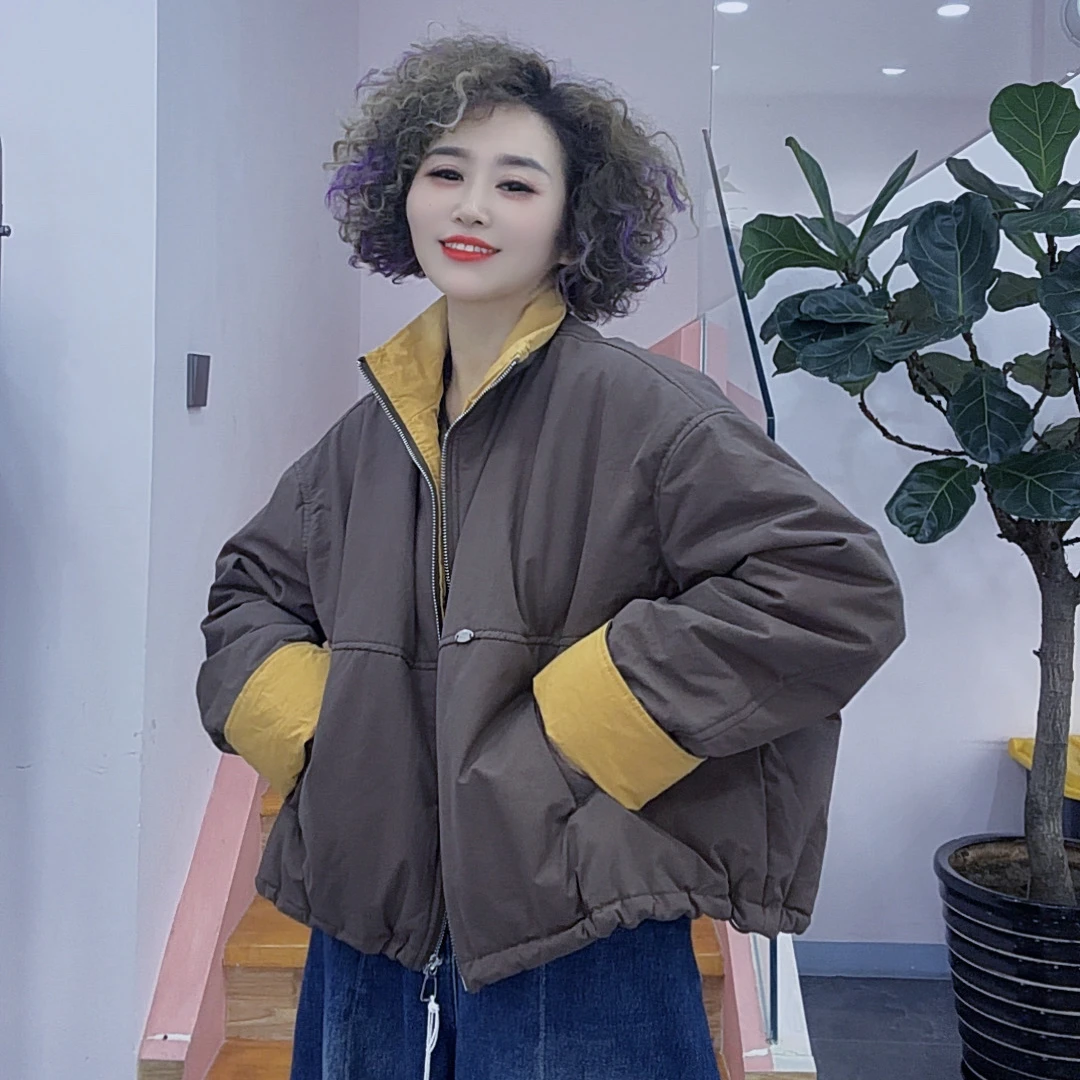 琦琦家新款秋冬立领拼色棉服外套