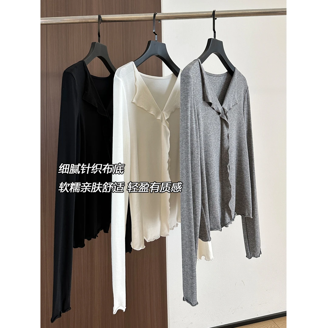 软糯轻盈~肌肤感蝴蝶花边天丝羊毛长袖T恤女直身微宽设计感打底衫