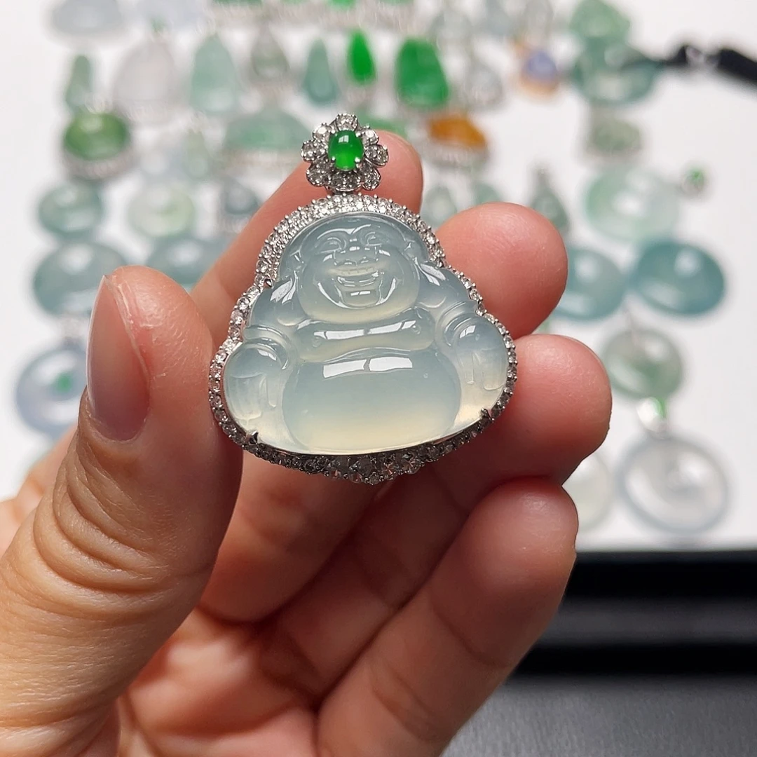 翡翠18K金镶嵌耳饰佛公