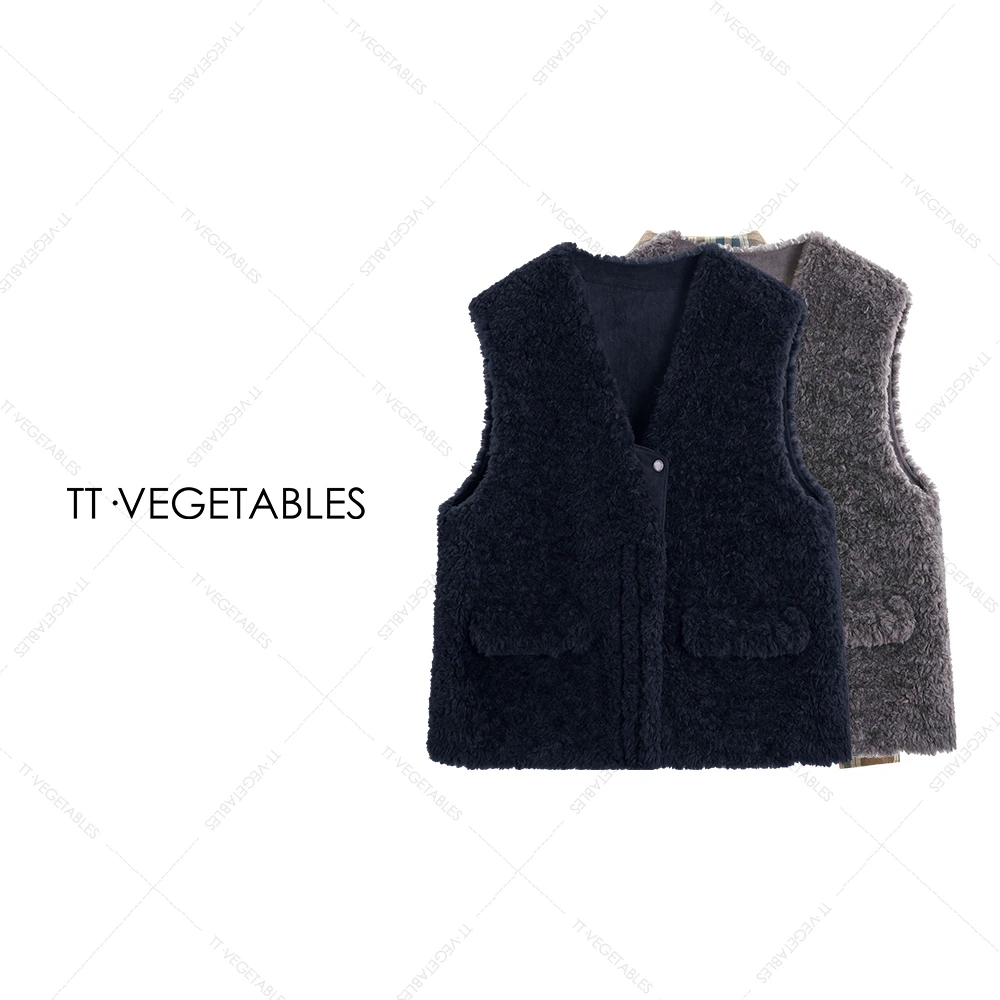 TT・VEGETABLES【序白】橘酿 绵羊毛皮毛一体马甲单排扣上衣521775