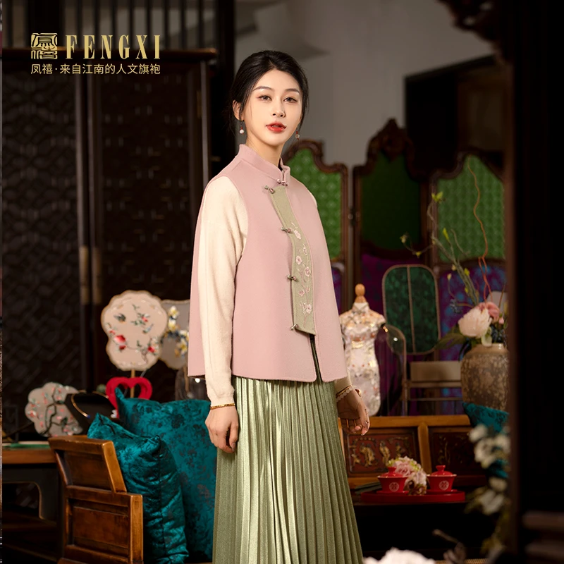 专柜正品传统中国风毛呢马夹立领唐装中式绣花冬季提花女装日常