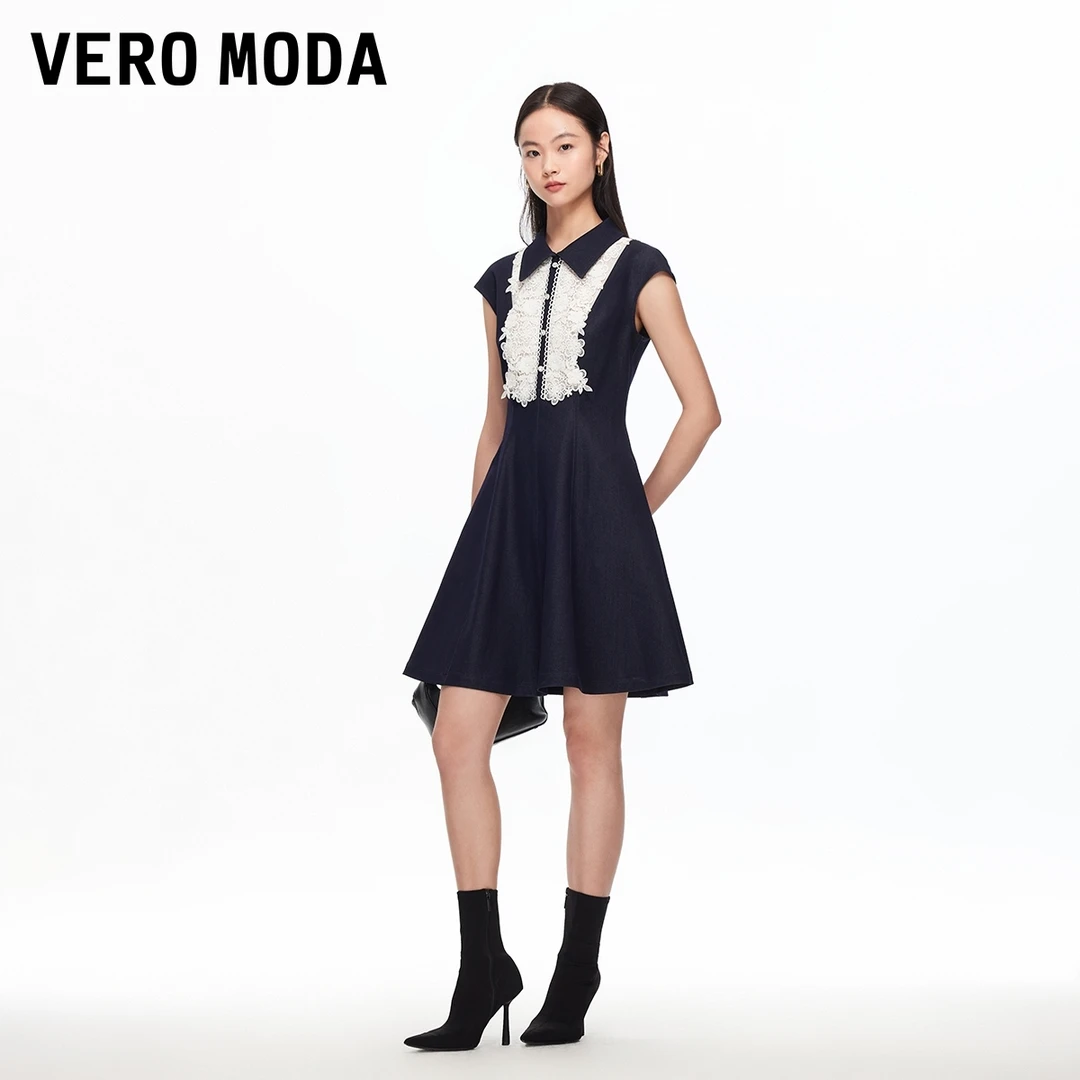 Vero Moda连衣裙2025秋季新款立体蕾丝花形翻领收腰A字325342005