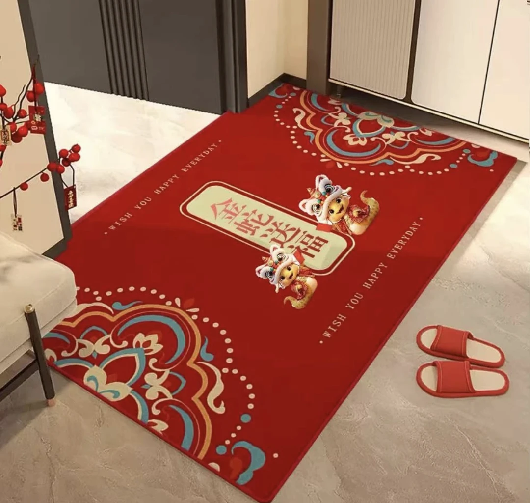 P【金蛇送福】70*100cm水晶绒红色喜庆新年 家用门厅地垫可剪裁