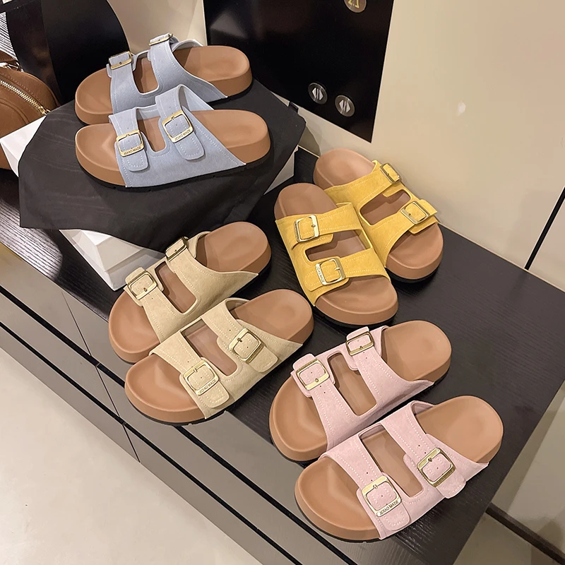 【诺诺】搭扣皮带扣鞋中跟一字带拖鞋软底ins休闲外穿时尚女士凉鞋