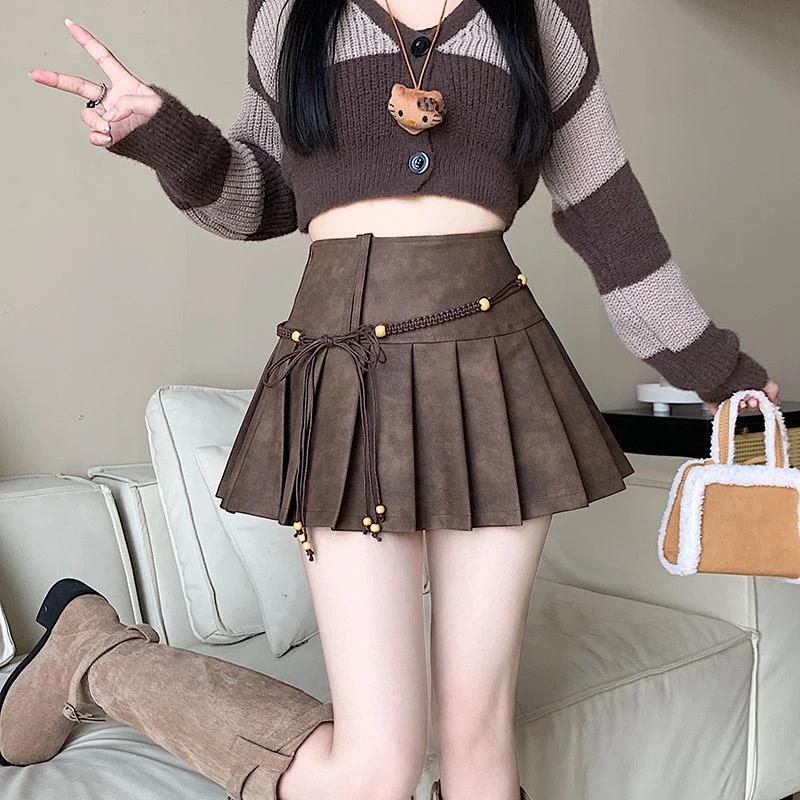 美式皮裙半身裙女2025春季高腰辣妹风纯欲显瘦a字百褶短裙小众