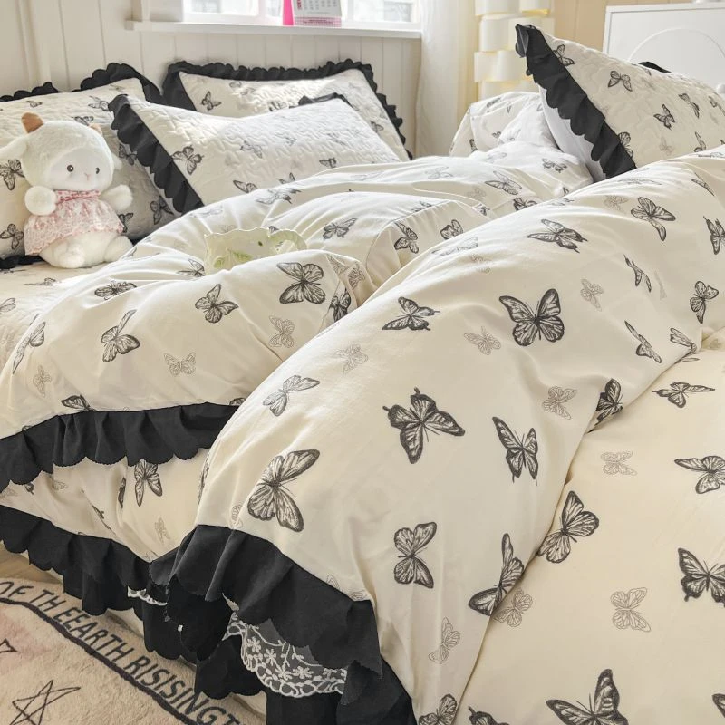 四季款床盖夹棉床裙四件套亲肤透气床盖三件套韩版被套蕾丝加厚