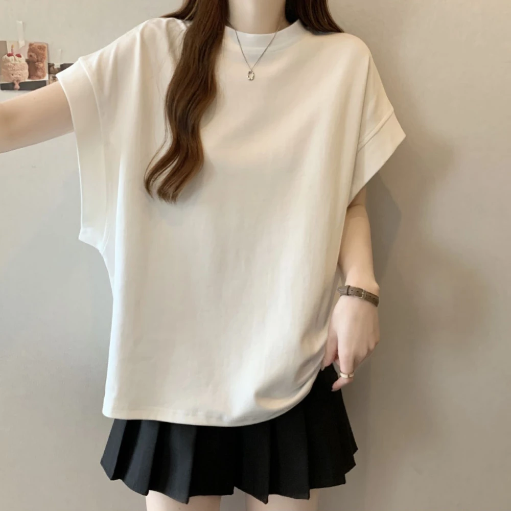 白色短袖T恤女夏季2025新款大码时尚宽松显瘦休闲欧货小飞袖上衣